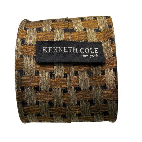 Kenneth Cole New York 100% Silk Handmade Gold & Black Basketweave Print Tie #222 - Picture 5 of 6